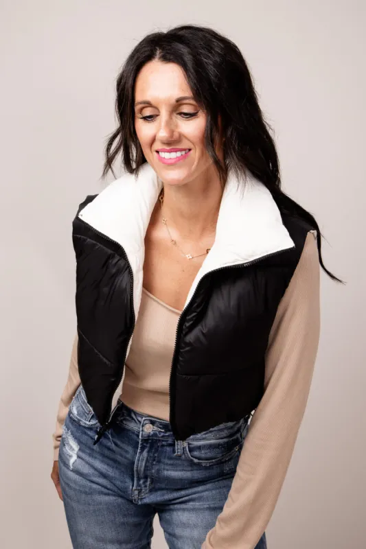 Love Tree Cropped Reversible Puffer Vest for Women in Black/White | 5089VH-BLACKOFFWHITE sold by Glik’s