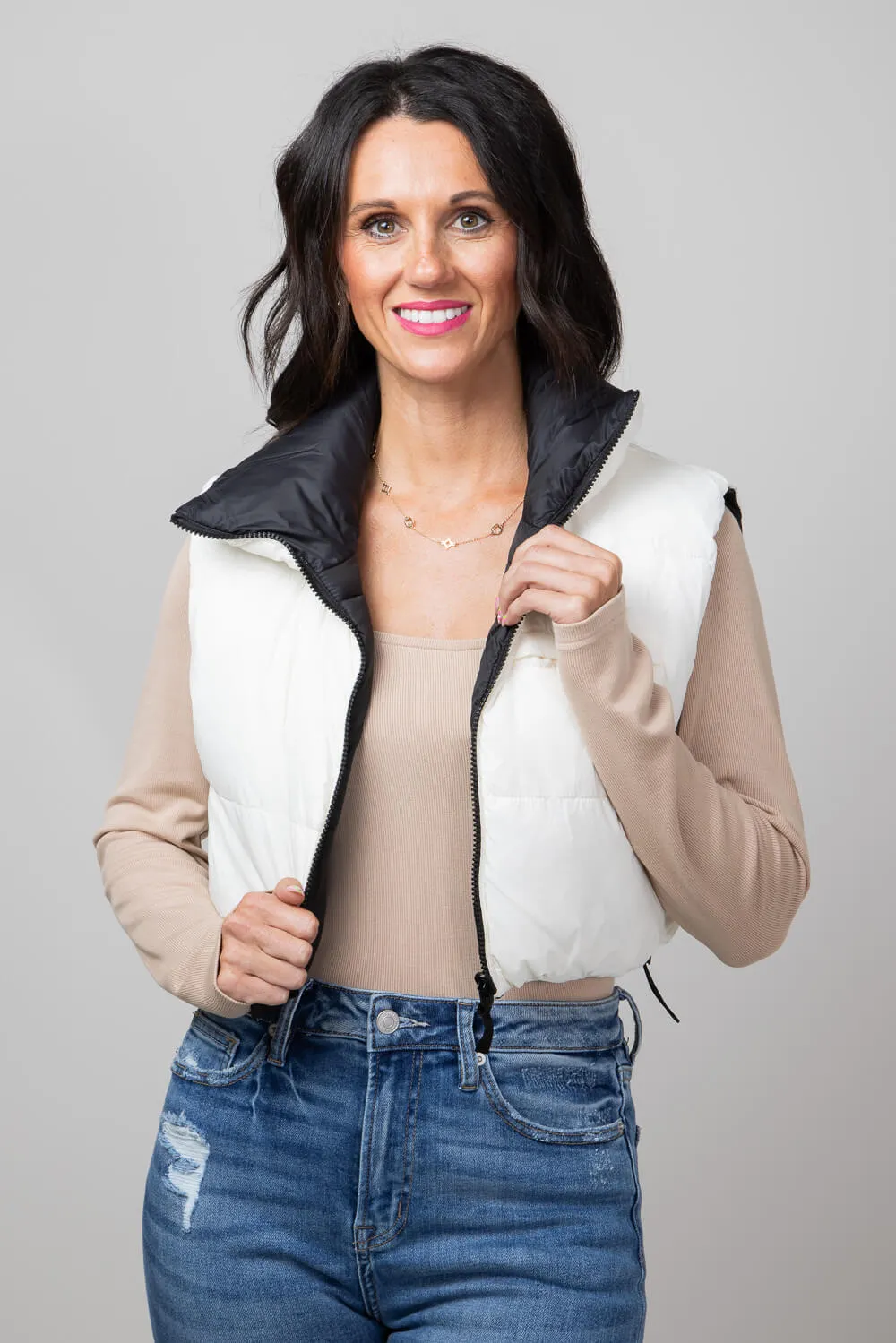 Love Tree Cropped Reversible Puffer Vest for Women in Black/White | 5089VH-BLACKOFFWHITE sold by Glik’s product image thumbnail 2