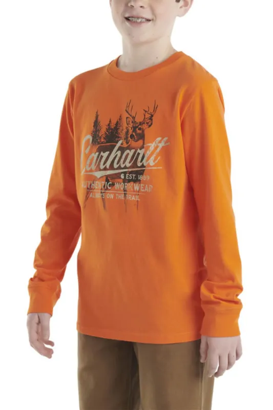 Carhartt Youth Graphic Long Sleeve T-Shirt for Boys in Bright Orange | CA6453-E109-ORA sold by Glik’s