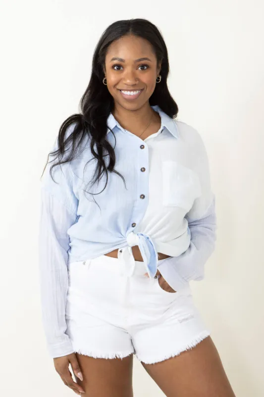 Simply Southern Gauze Colorblock Button Down Shirt for Women in Multi Blue | PP-0124-BTNDWN-GZE-CLRBLK-MNT sold by Glik’s