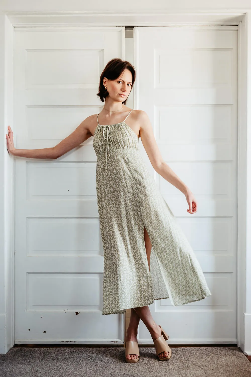 Woven Printed Self Tie Midi Dress for Women in Sage Green | ND40698A-SAGECOMBO sold by Glik’s