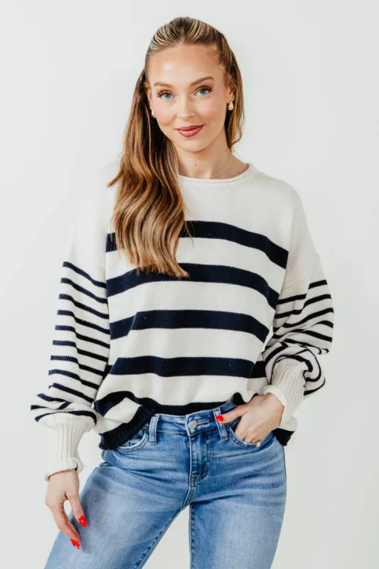 Navy Striped Sweater for Women in Ivory | SWT70133-OFFWHITENAVY sold by Glik’s