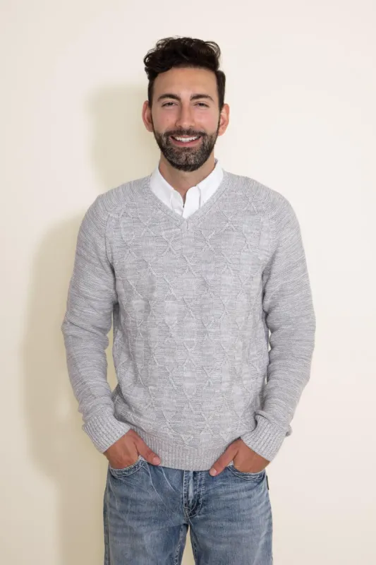 1897 Original V-Neck Cable Knit Sweater for Men in Grey | 7024GL-ALLOY sold by Glik’s