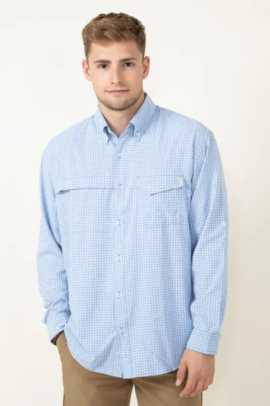 Huk Fishing Tide Point Break Minicheck Long Sleeve Shirt for Men in Blue | H1500155-445-QUIETHARBOR sold by Glik’s