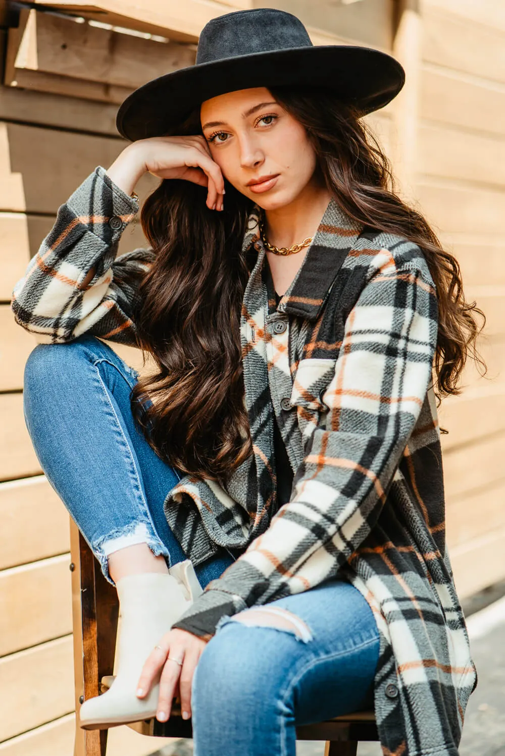 Thread & Supply Tullis Fleece Plaid Shacket for Women in Black/Brown | J7711PFKTS-BLACK COPPER PLAID sold by Glik’s