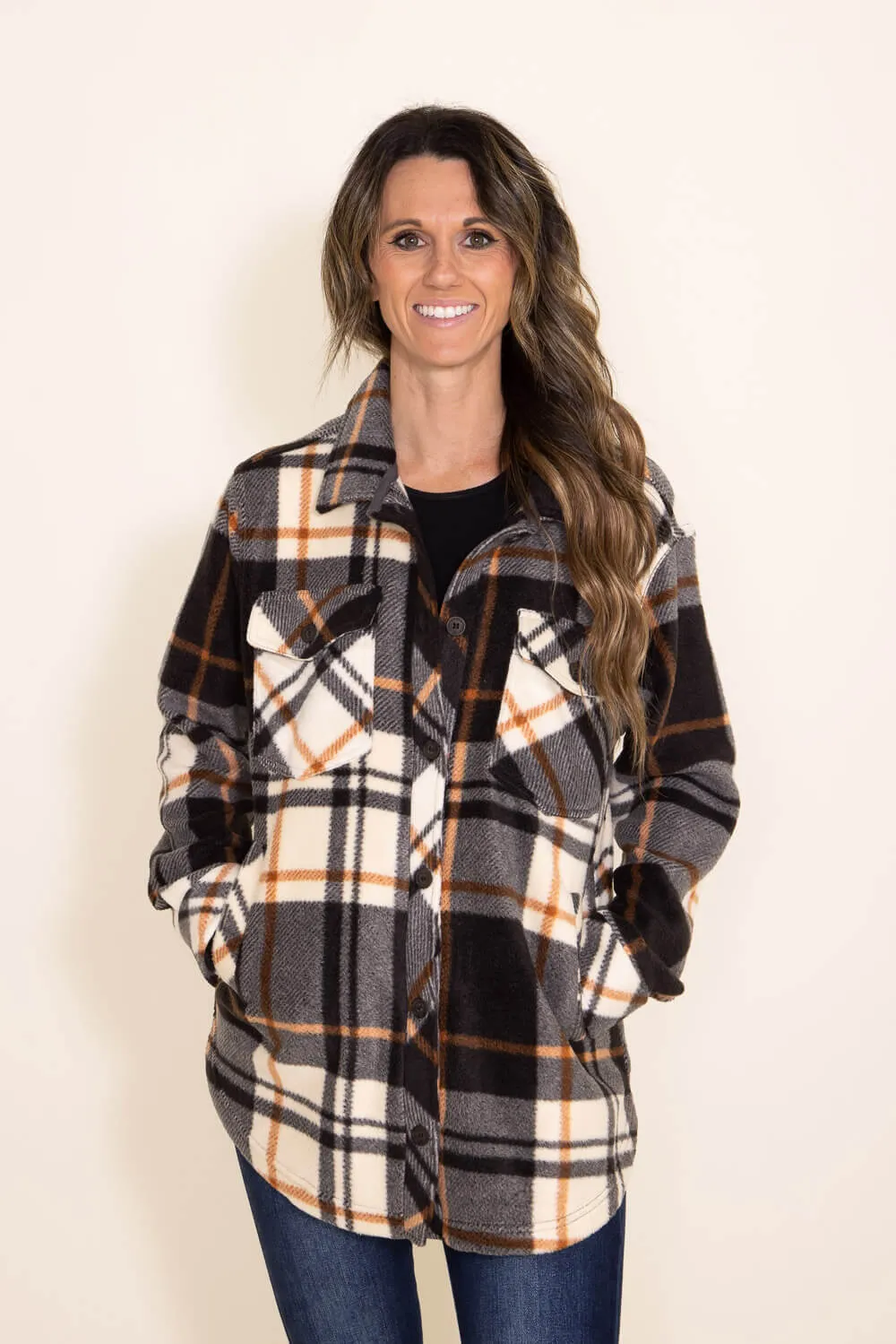 Thread & Supply Tullis Fleece Plaid Shacket for Women in Black/Brown | J7711PFKTS-BLACK COPPER PLAID sold by Glik’s product image thumbnail 2