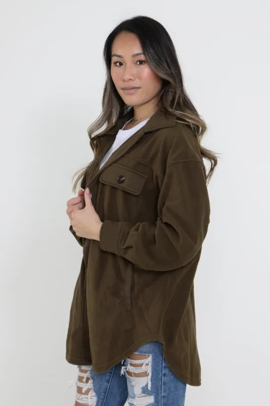 La Miel Sunset Fleece Shacket for Women in Olive Green | JKT1712-OLIVE sold by Glik’s