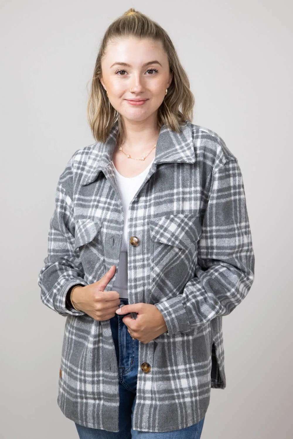 Simply Southern Plaid Shacket for Women in Grey | PP-0224-SHKT-JKT-BLPLD sold by Glik’s
