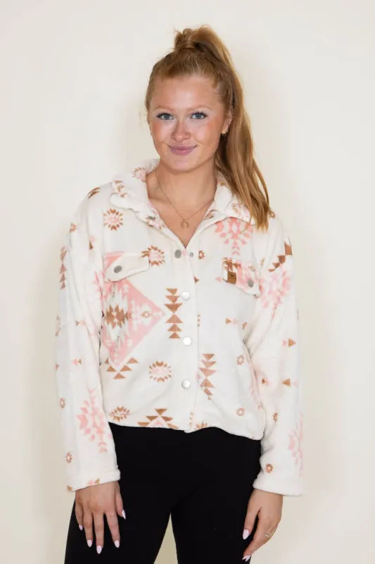 Simply Southern Furry Snap Sherpa Shacket for Women in Cream Aztec | PP-0223-FURRY-CSHKT-CRMAZ sold by Glik’s