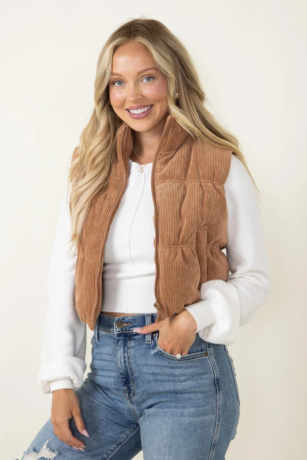 Love Tree Cropped Corduroy Puffer Vest for Women in Brown | 5101VH-CAMEL sold by Glik’s product image thumbnail 3