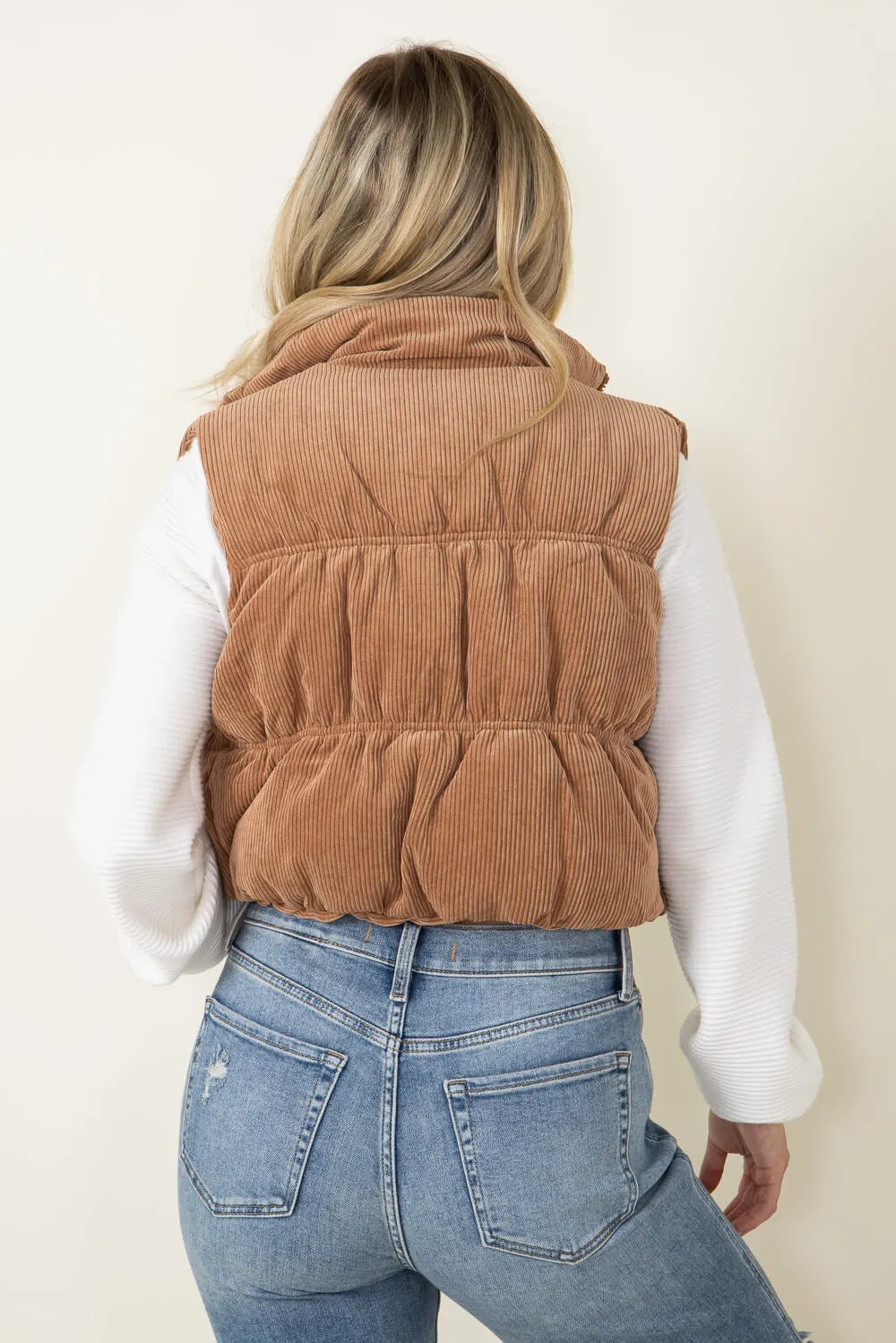 Love Tree Cropped Corduroy Puffer Vest for Women in Brown | 5101VH-CAMEL sold by Glik’s product image thumbnail 4