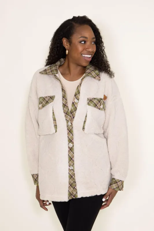 Simply Southern Quilted Plaid Sherpa Shacket for Women in Cream | PP-0223-QLTD-SHKT-CREAM sold by Glik’s