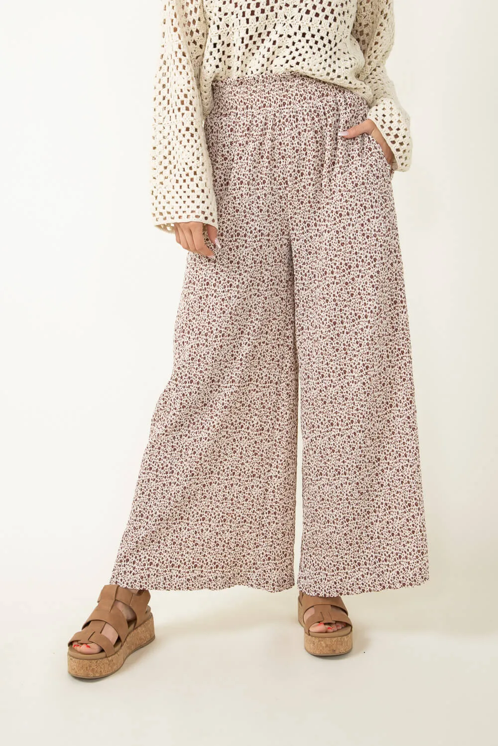 Ditsy Floral Smocked Waist Wide Leg Pants for Women in White Floral | NP70125-WHITEFLORAL sold by Glik’s product image thumbnail 5