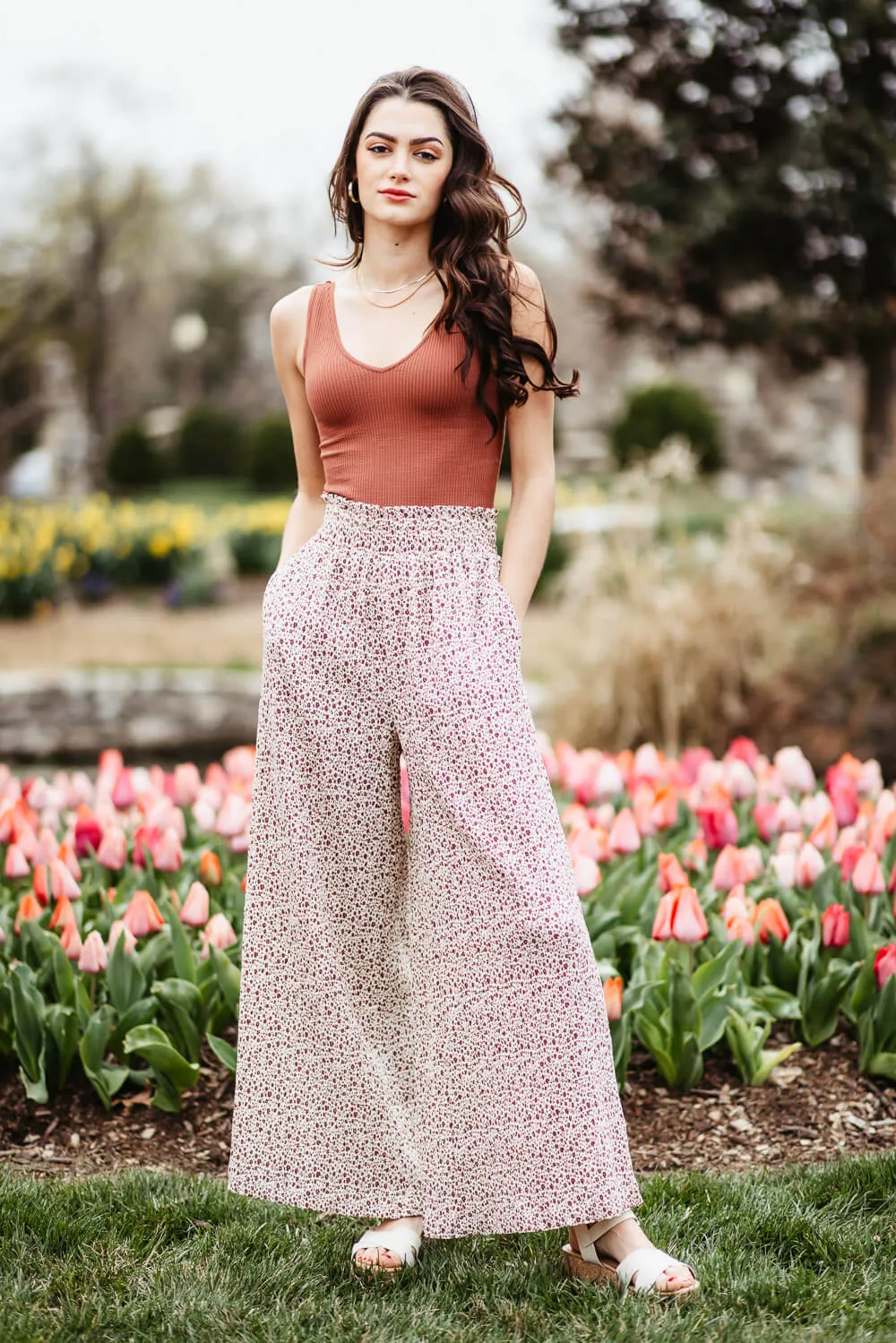 Ditsy Floral Smocked Waist Wide Leg Pants for Women in White Floral | NP70125-WHITEFLORAL sold by Glik’s product image thumbnail 2