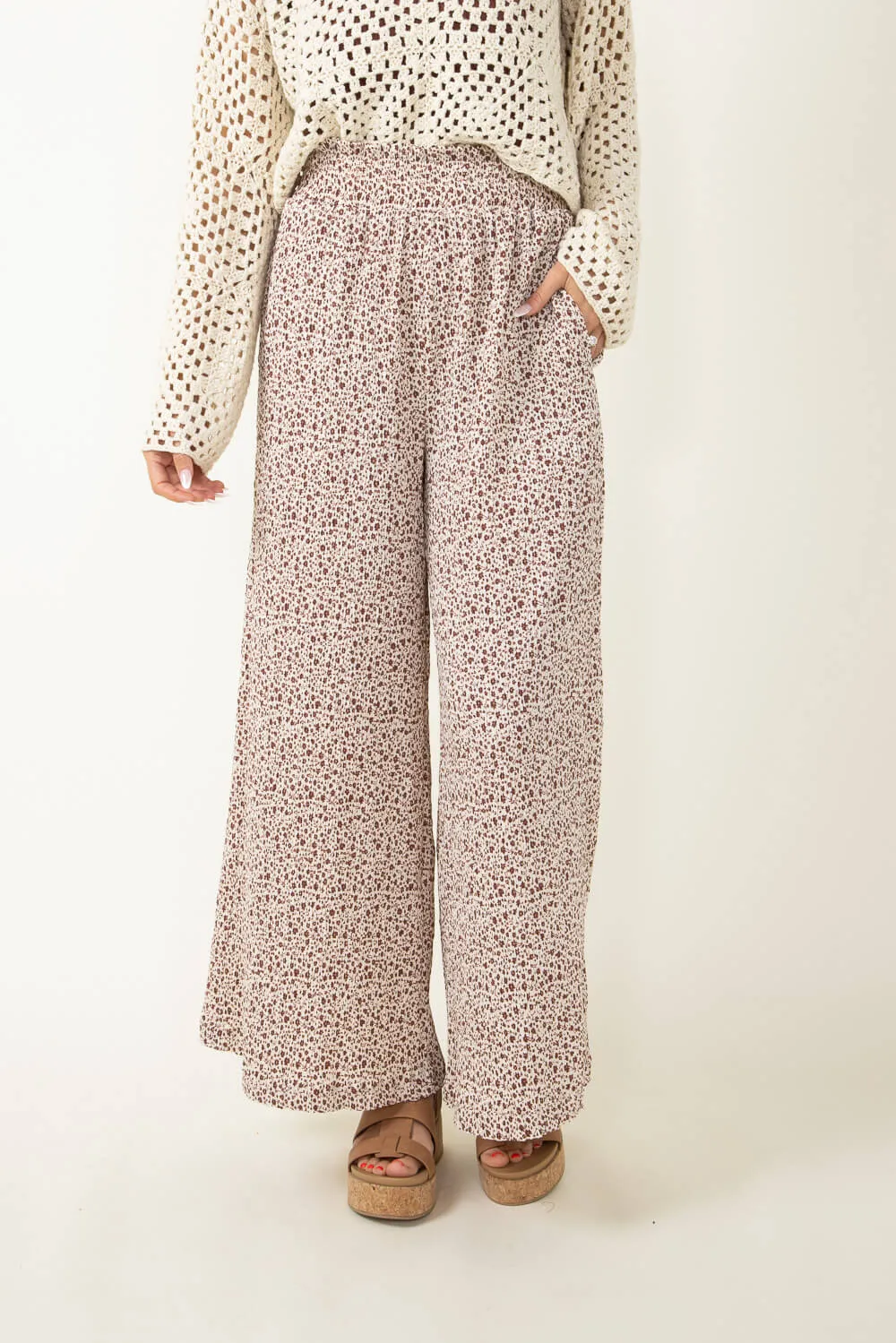 Ditsy Floral Smocked Waist Wide Leg Pants for Women in White Floral | NP70125-WHITEFLORAL sold by Glik’s