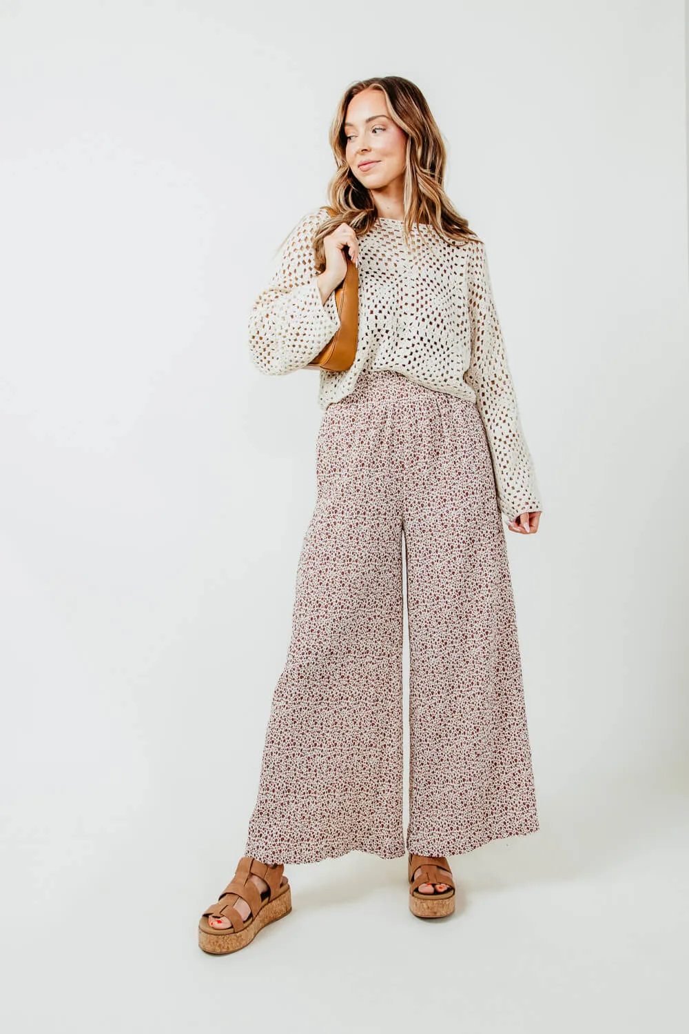 Ditsy Floral Smocked Waist Wide Leg Pants for Women in White Floral | NP70125-WHITEFLORAL sold by Glik’s product image thumbnail 4