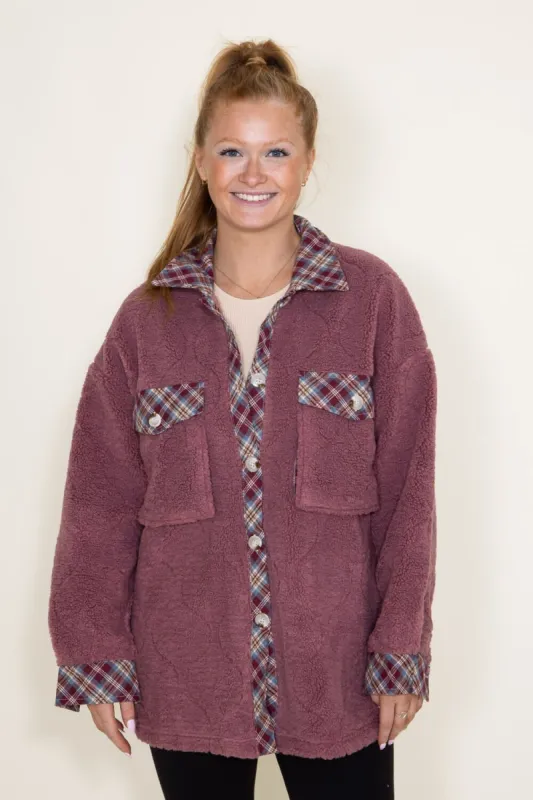 Simply Southern Quilted Plaid Sherpa Shacket for Women in Rose | PP-0223-QLTD-SHKT-ROSE sold by Glik’s