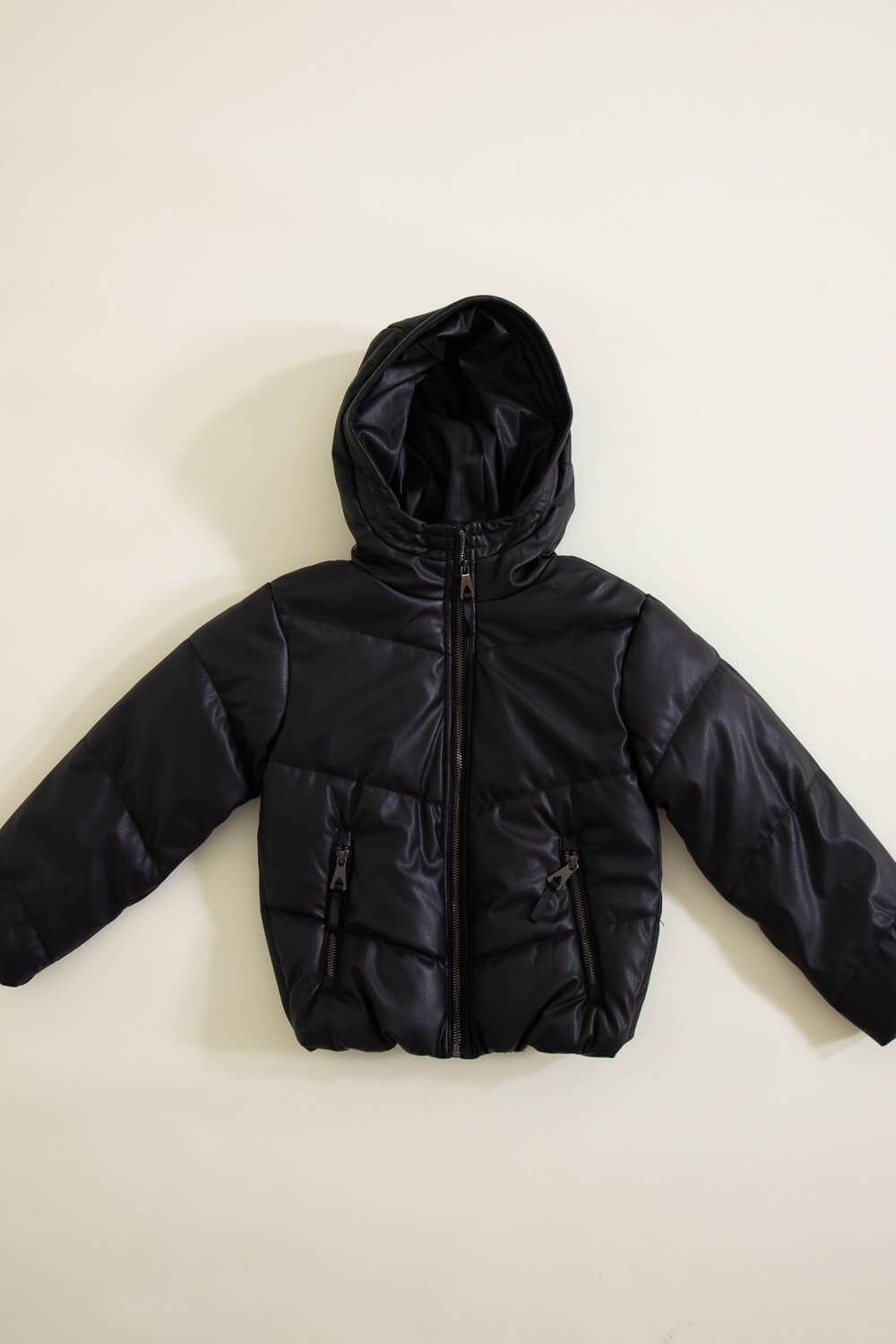 Youth Faux Leather Hooded Puffer Jacket for Girls in Black | 5510ABK sold by Glik’s