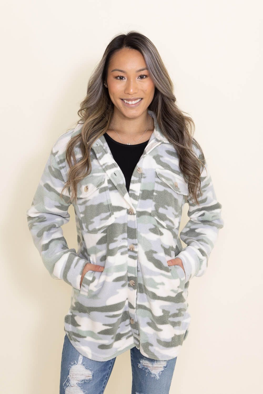 Thread & Supply Tullis Camo Shacket for Women in Green | J771PFKTS-OATMEAL SAGE CAMO sold by Glik’s