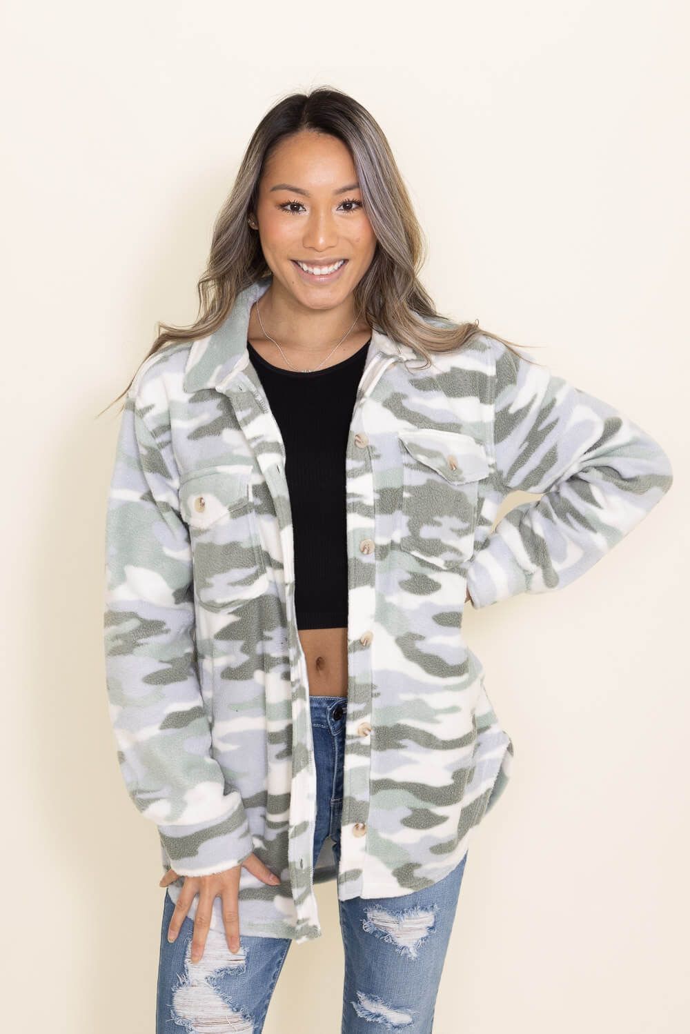 Thread & Supply Tullis Camo Shacket for Women in Green | J771PFKTS-OATMEAL SAGE CAMO sold by Glik’s product image thumbnail 3