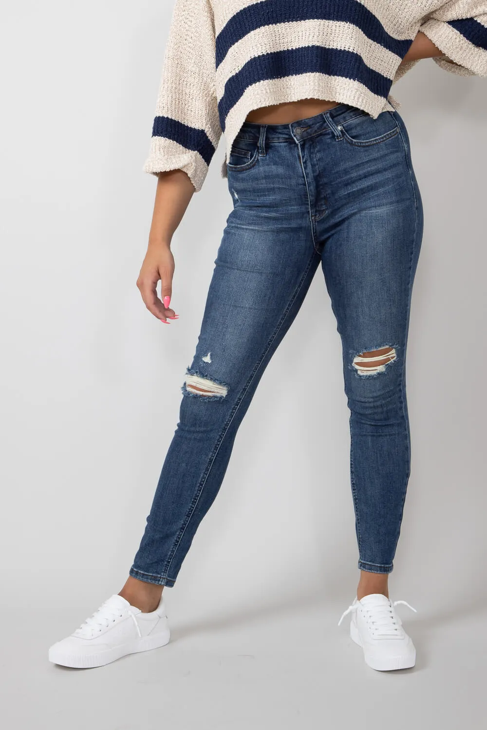 Judy Blue Mid Rise Distressed Knee Skinny Jeans for Women | 88798-DK sold by Glik’s product image thumbnail 4