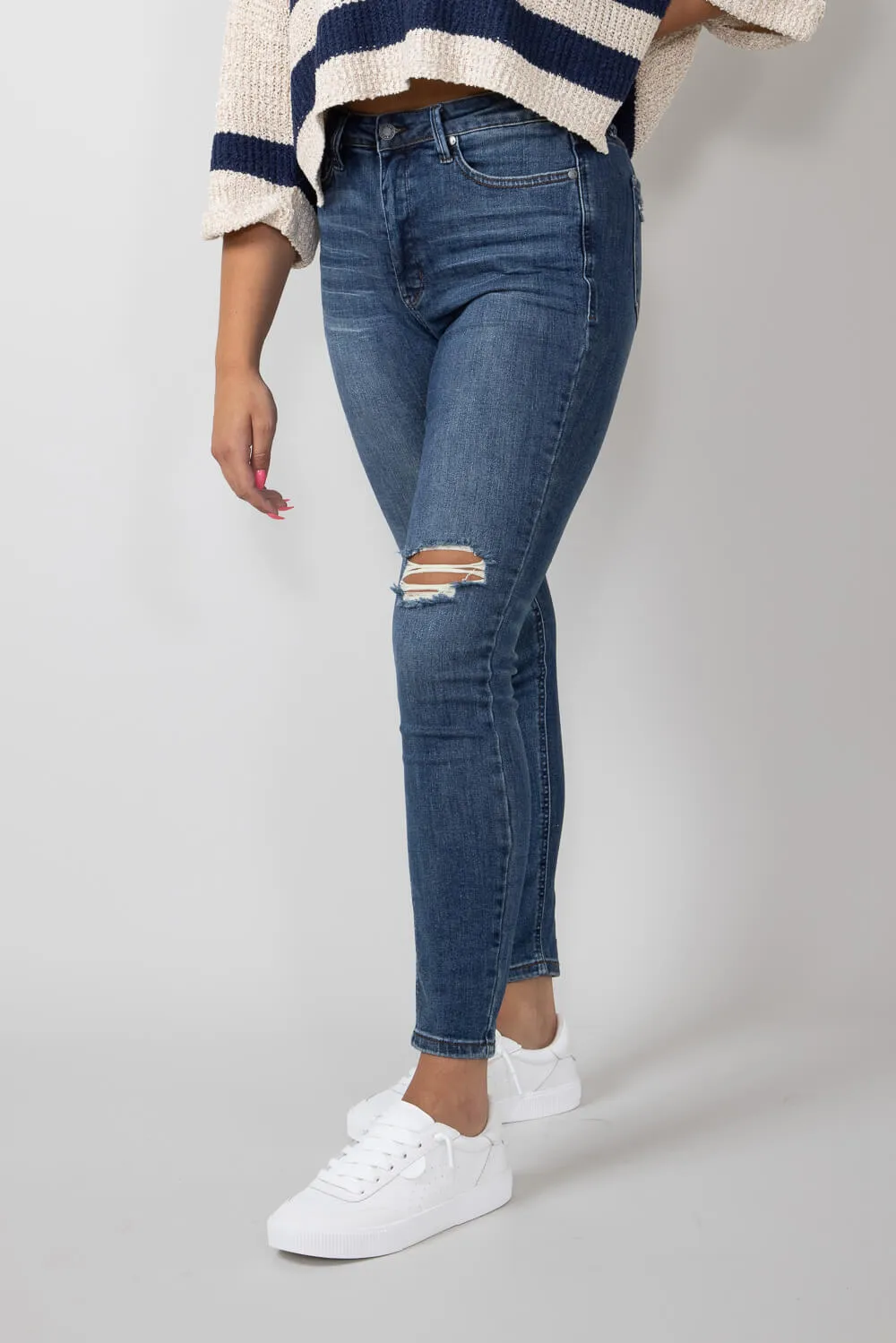 Judy Blue Mid Rise Distressed Knee Skinny Jeans for Women | 88798-DK sold by Glik’s product image thumbnail 5