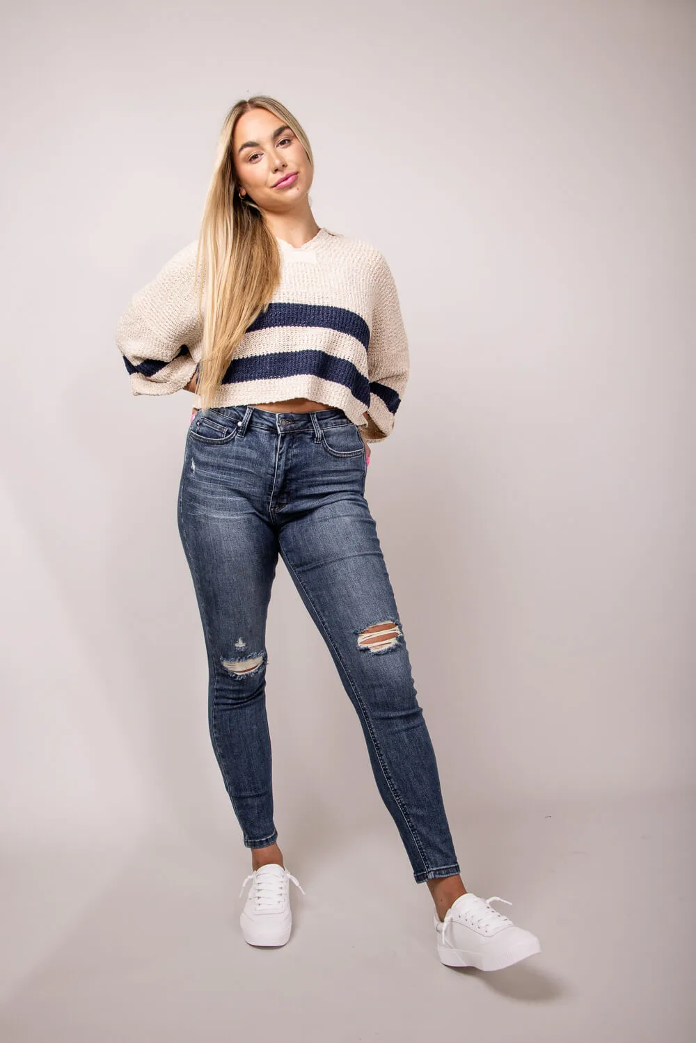 Judy Blue Mid Rise Distressed Knee Skinny Jeans for Women | 88798-DK sold by Glik’s product image thumbnail 2