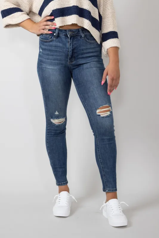 Judy Blue Mid Rise Distressed Knee Skinny Jeans for Women | 88798-DK sold by Glik’s