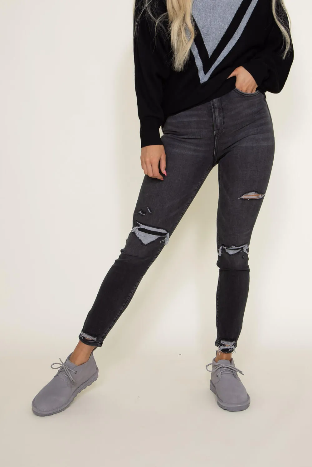 Mica High Rise Distressed Ankle Skinny Crop Jeans for Women in Black | MDP-S136 sold by Glik’s