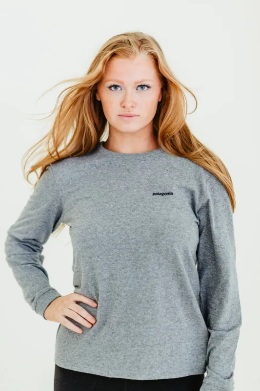 Patagonia Women’s Long Sleeve P-6 Logo Responsibili-Tee in Heather Grey | 37603-GLH sold by Glik’s