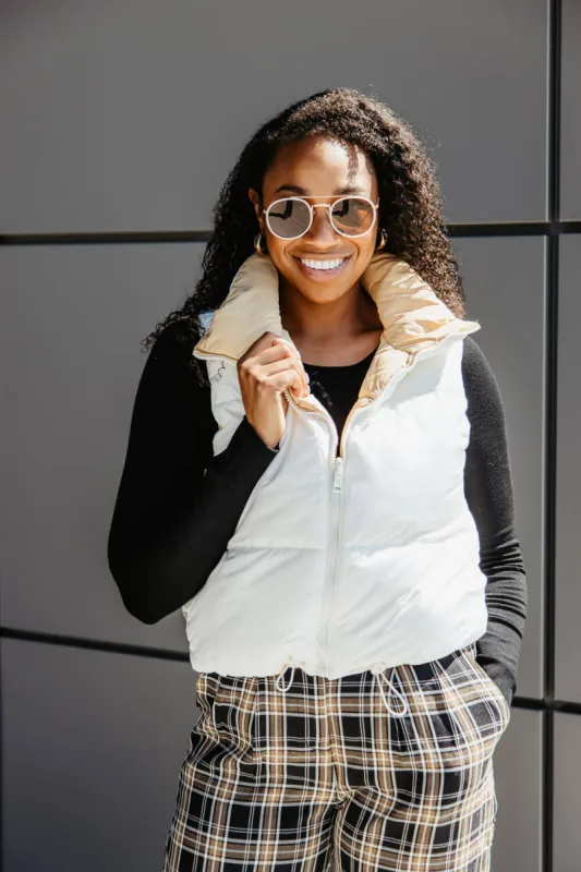 Love Tree Cropped Reversible Puffer Vest for Women in Ivory/Brown | 5070VY-IVORY sold by Glik’s