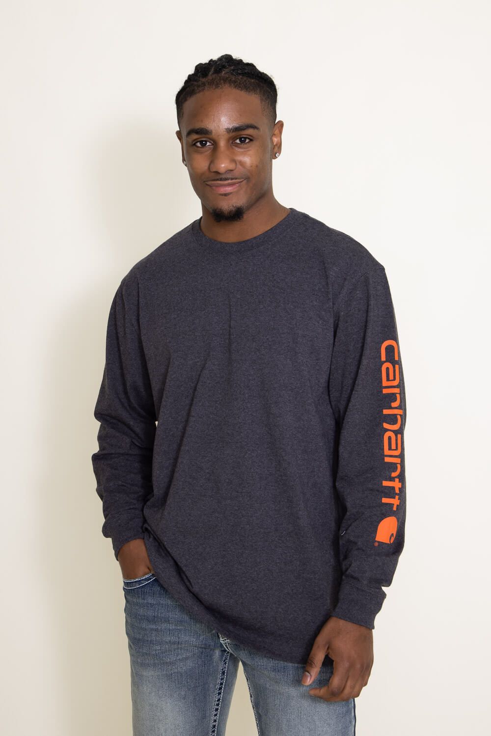 Carhartt Long Sleeve Logo Sleeve Graphic T-Shirt for Men in Carbon Heather | K231-CRH-CARBON HTHR sold by Glik’s
