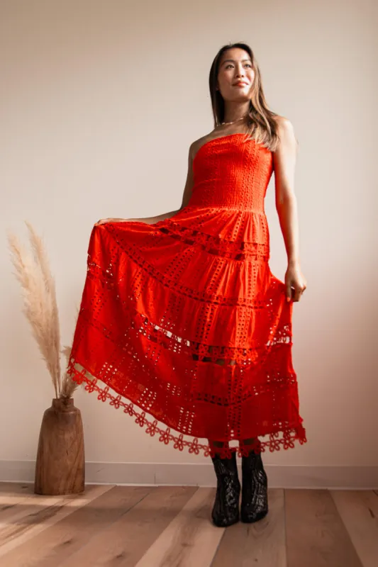 Eyelet Lace Strapless Midi Dress for Women in Red | D-2192-H-RED sold by Glik’s