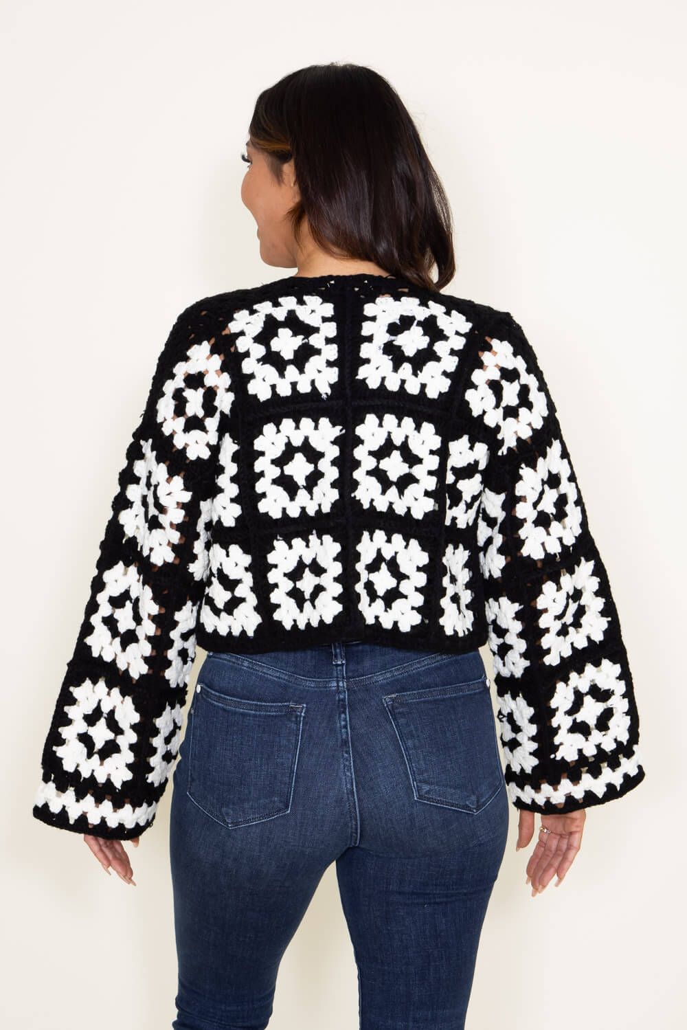 Granny Square Crochet Cropped Cardigan for Women in Black/White | SWC10981-BLKWHT sold by Glik’s product image thumbnail 3