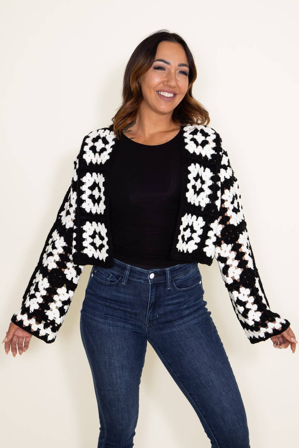 Granny Square Crochet Cropped Cardigan for Women in Black/White | SWC10981-BLKWHT sold by Glik’s product image thumbnail 2