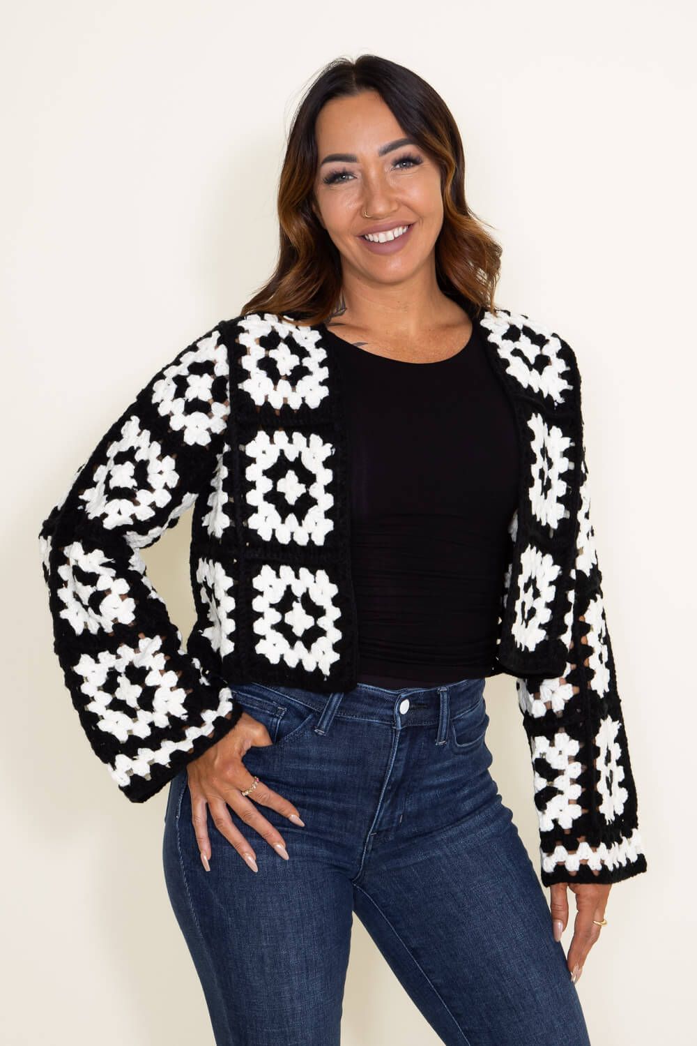 Granny Square Crochet Cropped Cardigan for Women in Black/White | SWC10981-BLKWHT sold by Glik’s product image thumbnail 5