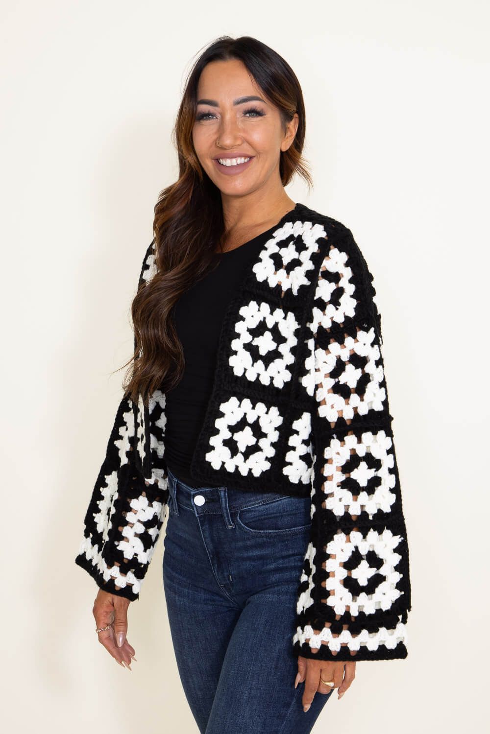 Granny Square Crochet Cropped Cardigan for Women in Black/White | SWC10981-BLKWHT sold by Glik’s product image thumbnail 4
