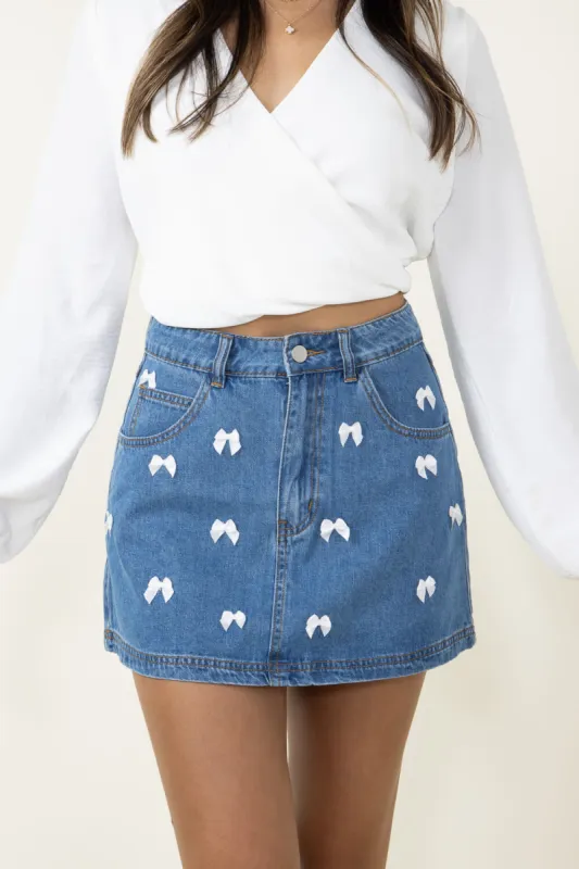 Bow Embellished Denim Mini Skirt for Women | MS5248-MDENIM sold by Glik’s