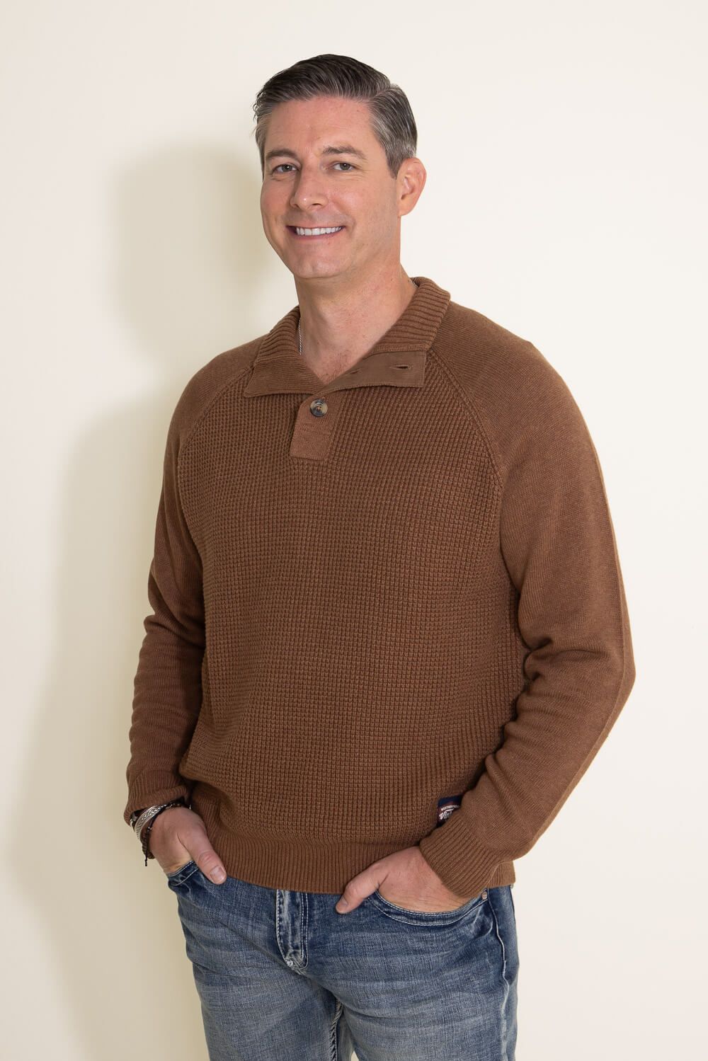 Weatherproof Vintage Textured Button Up Mock Neck Sweater for Men in Brown | F2340279GK-HARVESTHEATHER sold by Glik’s product image thumbnail 4