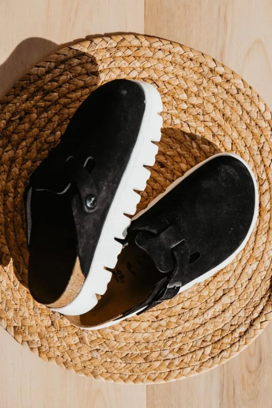 Papillio by Birkenstock Boston Chunky Suede Leather Clogs for Women in Black | 1026184 sold by Glik’s