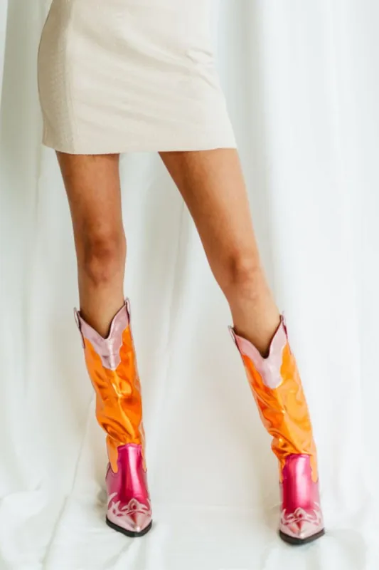 Azalea Wang Hendrix Tall Cowboy Boots For Women in Pink Multi | HENDRIX-MULTI sold by Glik’s