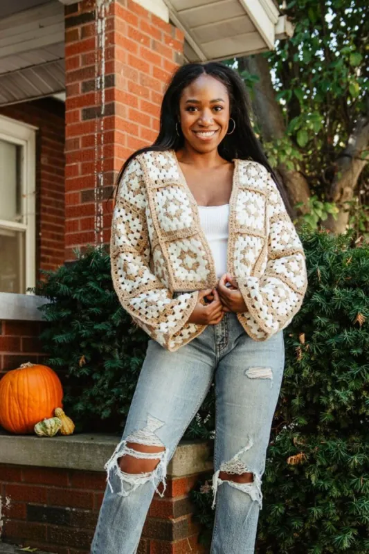 Granny Square Crochet Cropped Cardigan for Women in  Beige/White | SWC10981-BEIWHT sold by Glik’s