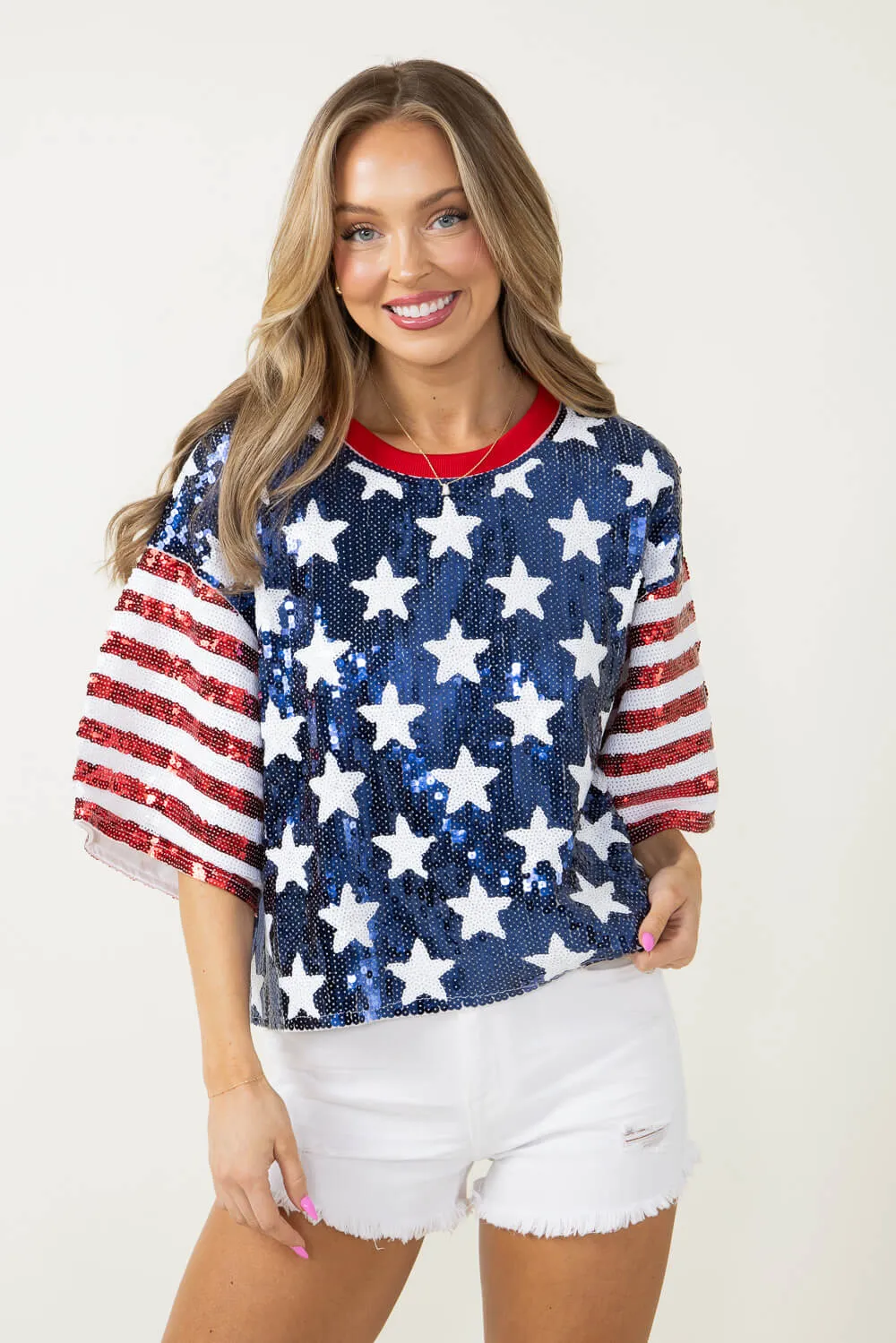 Simply Southern Sequin Top USA Shirt for Women in Red/Blue