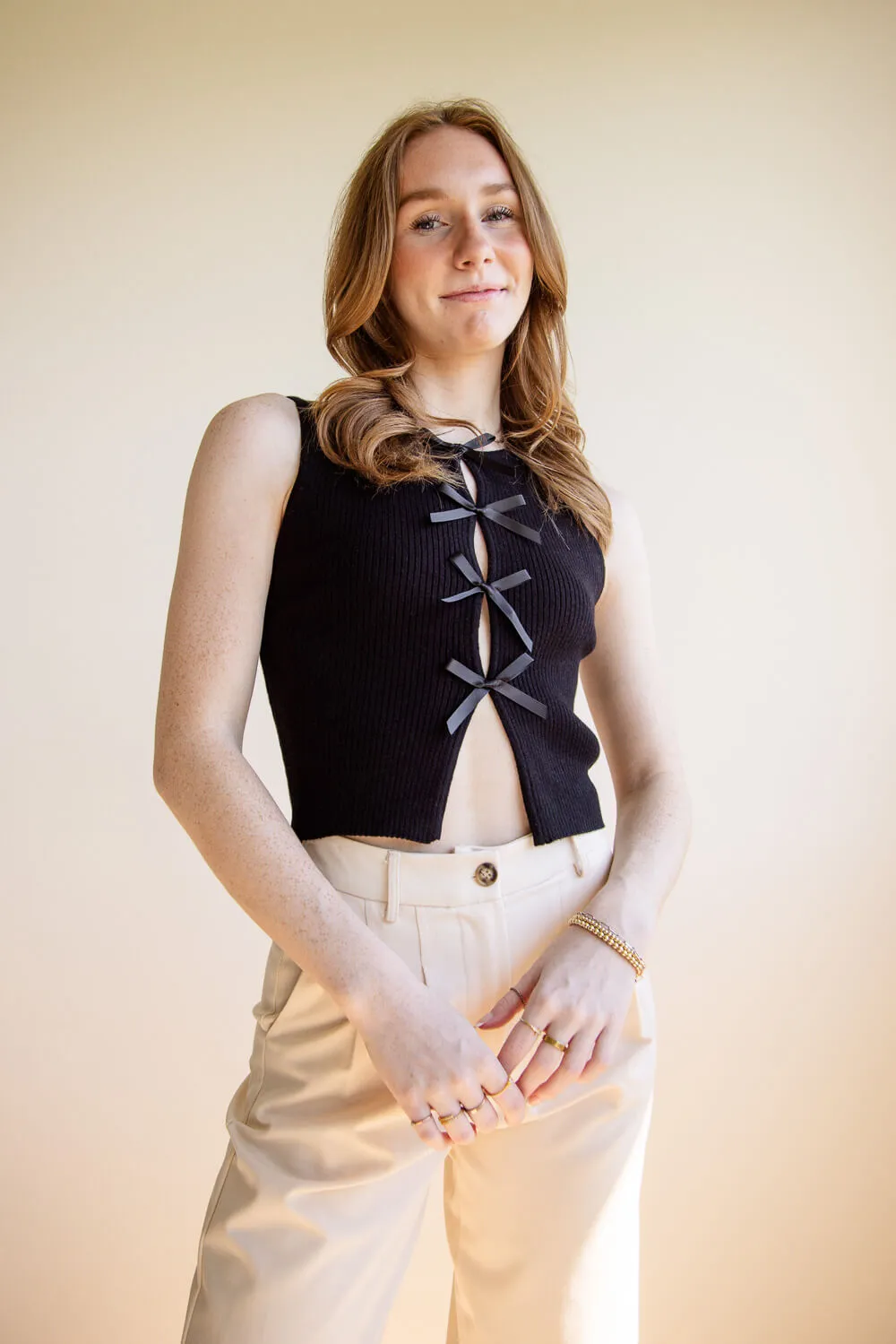 Satin Bow Detail Ribbed Crop Tank Top for Women in Black | SWT9753-BLACK sold by Glik’s product image thumbnail 4