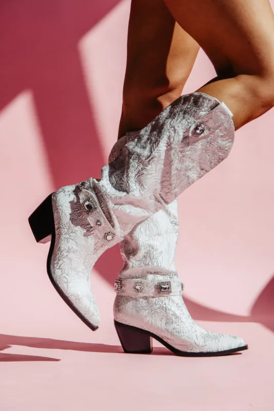 Azalea Wang Bavani Tall Floral Western Boots for Women in White | BAVANI-WHITE sold by Glik’s