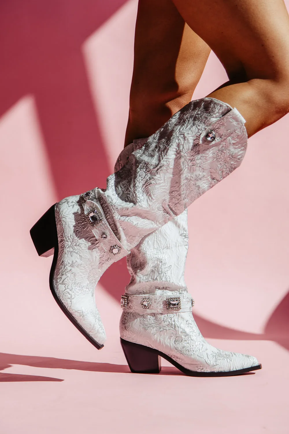 Azalea Wang Bavani Tall Floral Western Boots for Women in White | BAVANI-WHITE sold by Glik’s