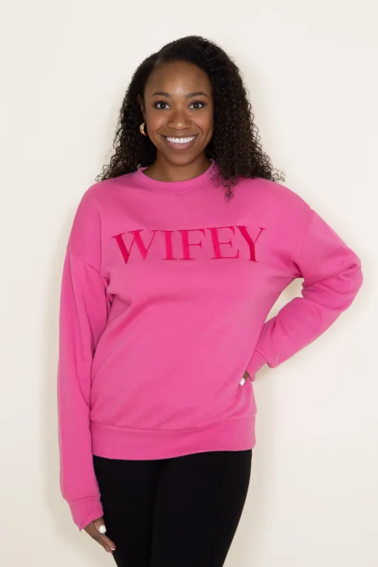 1897 Active Embroidered Wifey Fleece Sweatshirt for Women in Pink | GT078-BUBBLEGUM-WEB sold by Glik’s