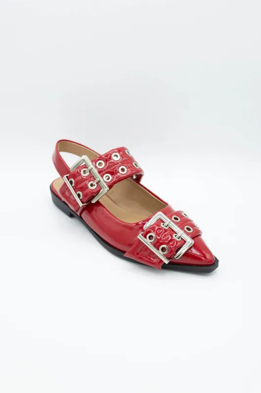 Soda Grillo Buckle Sling Flats for Women in Red | GRILLO-S-RED PAT sold by Glik’s