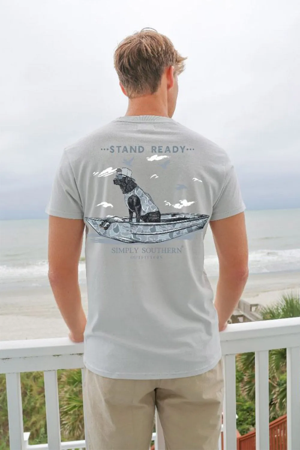Simply Southern Dog Boat T-Shirt for Men in Light Grey | MN-SS-STAND-WHITEWATER-S sold by Glik’s