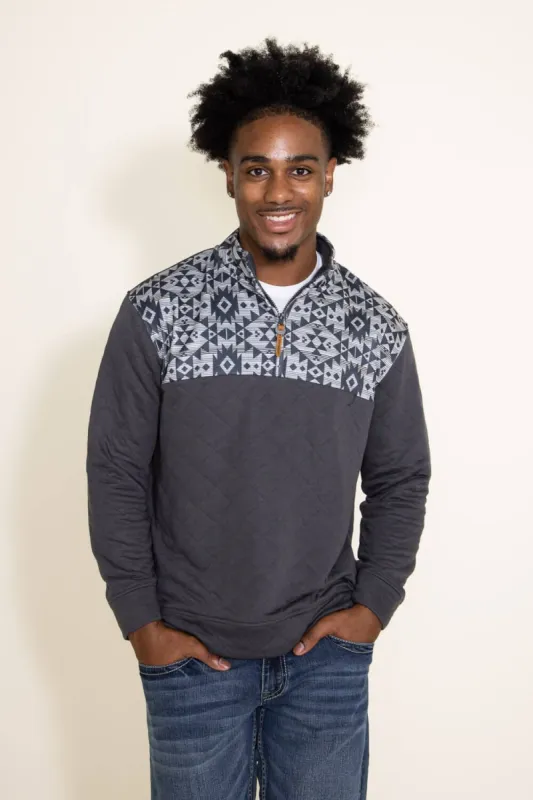Simply Southern Quilted Geo Print Quarter Zip for Men in Grey | PP-0223-MN-PTTN-PULL-GRYGEO sold by Glik’s
